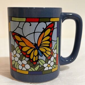 Vtg Otagiri Japan Blue Coffee Mug Stained Glass Art Design Butterfly & Flowers